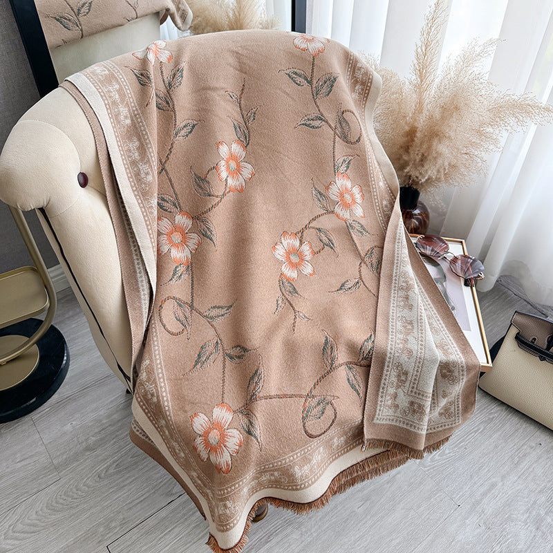 Retro National Style Texture Printed Double-sided Thermal Scarf Shawl Outer Match