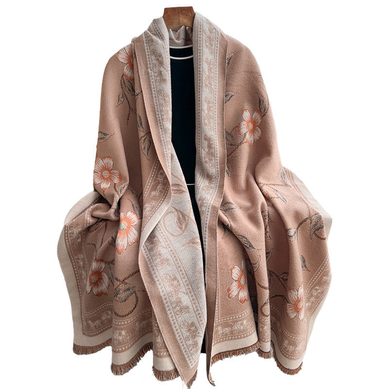 Retro National Style Texture Printed Double-sided Thermal Scarf Shawl Outer Match