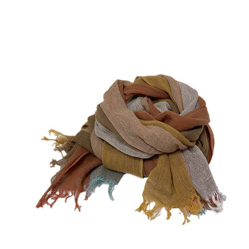 Cotton And Linen Stripes Scarf Soft Neck Scarf Ladies Outing Shawl