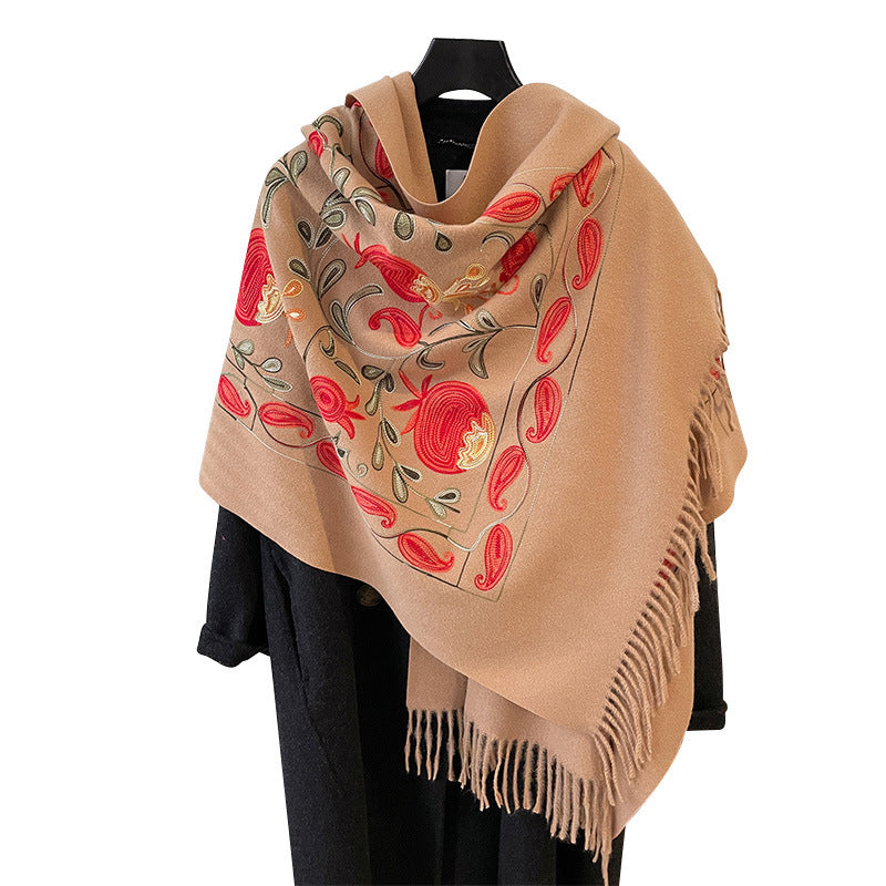 Contrast Color Pomegranate Leaf Embroidered Double-sided Shawl