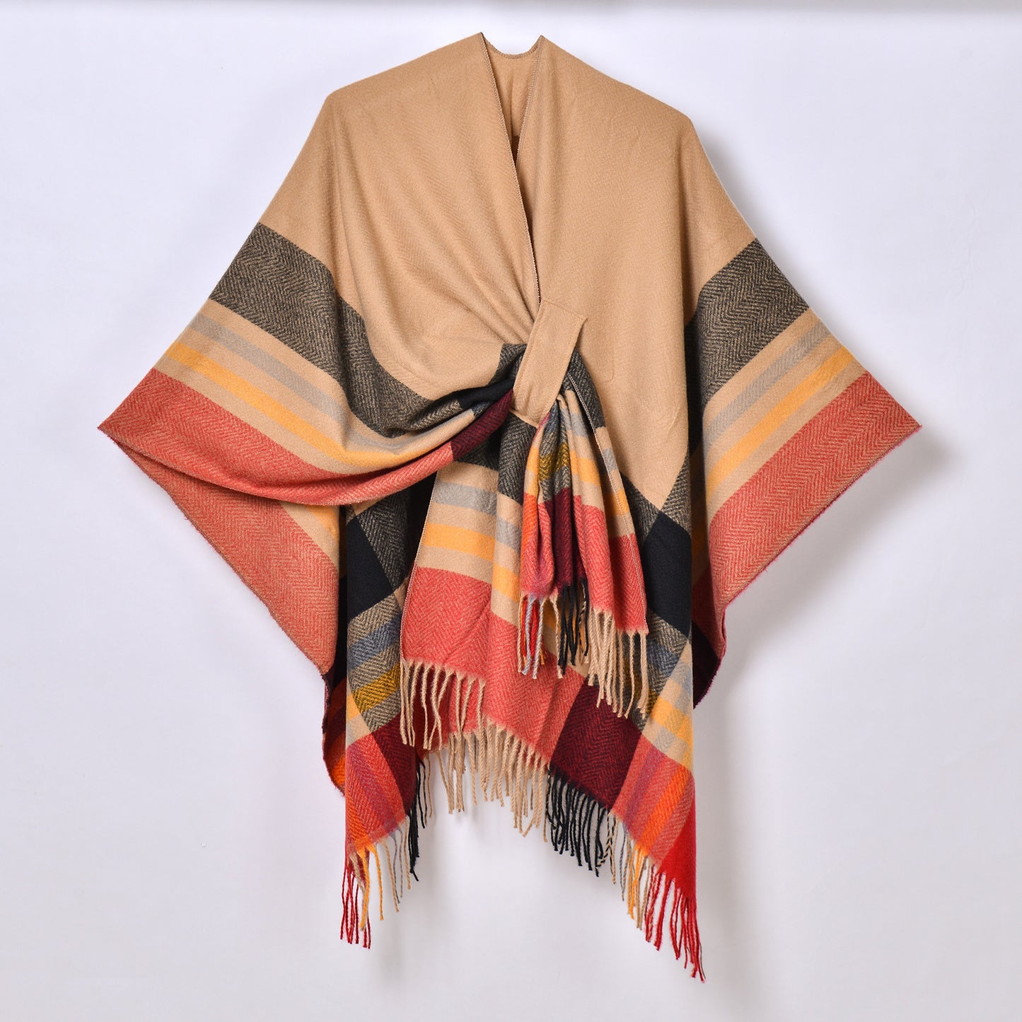 Tassel Split Shawl Simple Plaid Jacquard Scarf