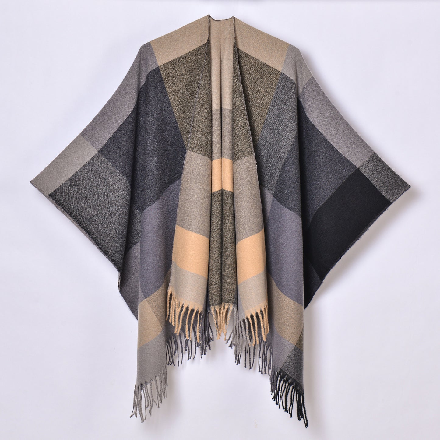 Tassel Split Shawl Simple Plaid Jacquard Scarf