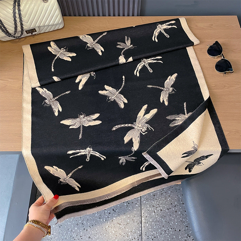 Artificial Cashmere Scarf Dragonfly Printed Soft Breathable High Sense Warm Shawl