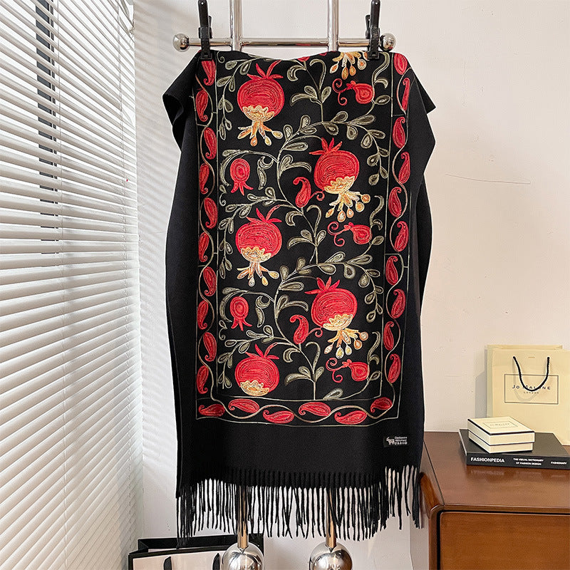 Contrast Color Pomegranate Leaf Embroidered Double-sided Shawl